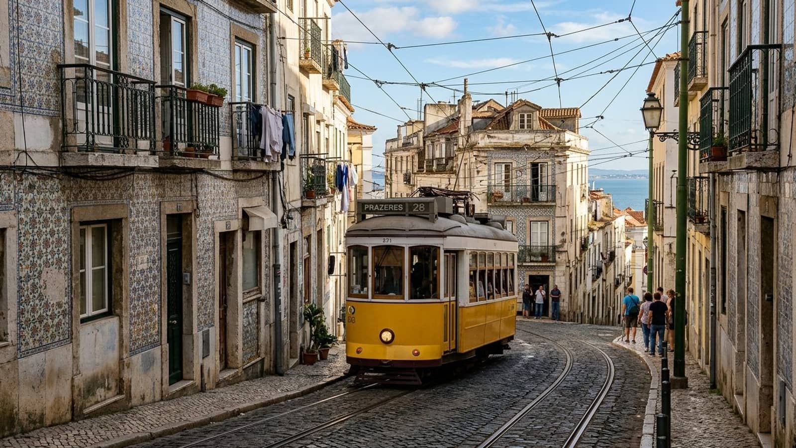 A yellow tram climbing a cobbled street between tiled houses, with the sea at the end of the road